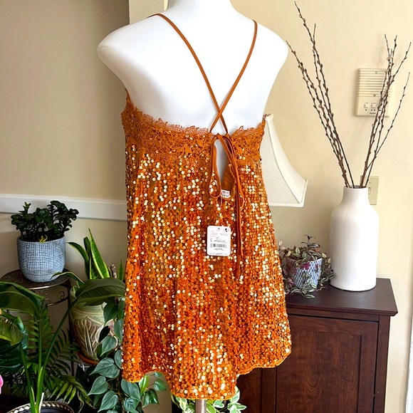 🧡 Free People Intimately Free Golden Velvet Sequin Strapped Cocktail Dress - Picture 3 of 17